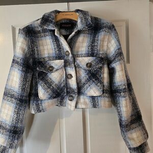 Navy and Cream Cropped Plaid Teddy Jacket